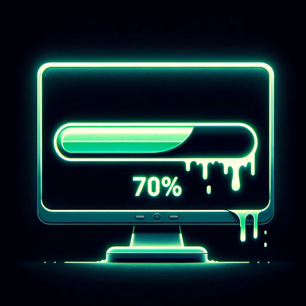 Generated image with a monitor on a dark background. Monitor displays a luminous green progress bar dripping at the edge to indicate time has slowed down