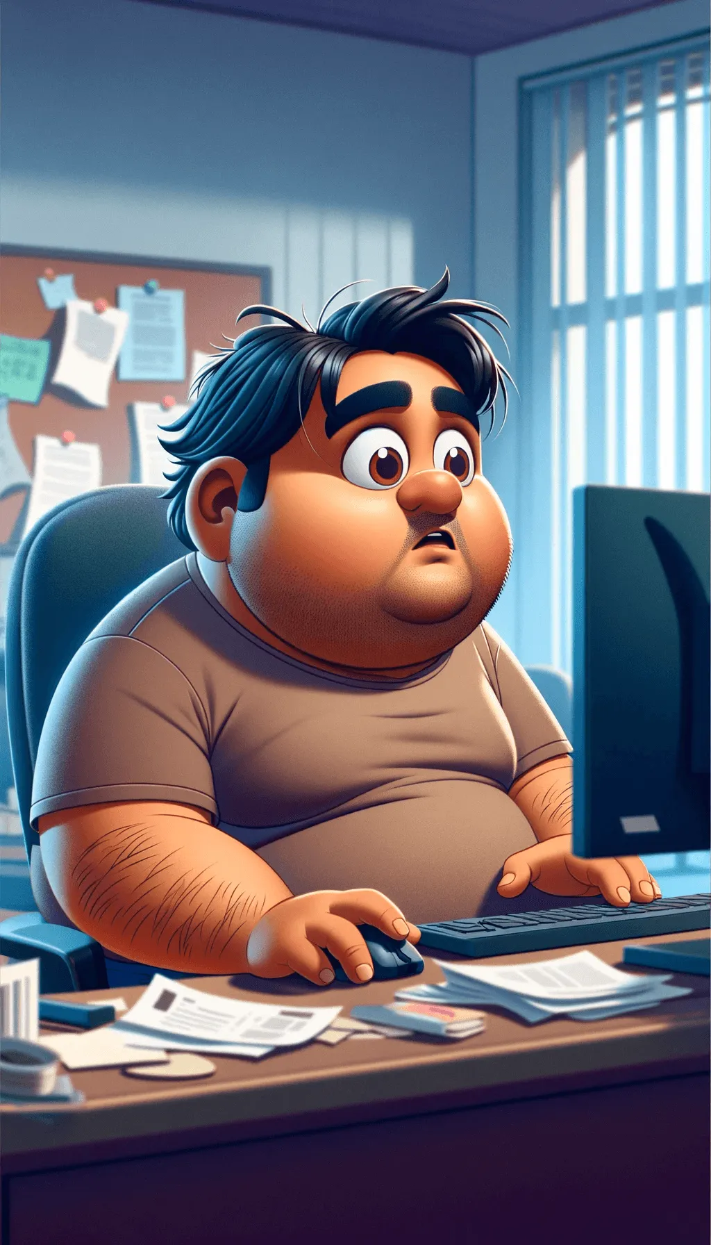 Generated image of an overweight person with a fair complexion looking at a monitor screen with a worried look on his face.