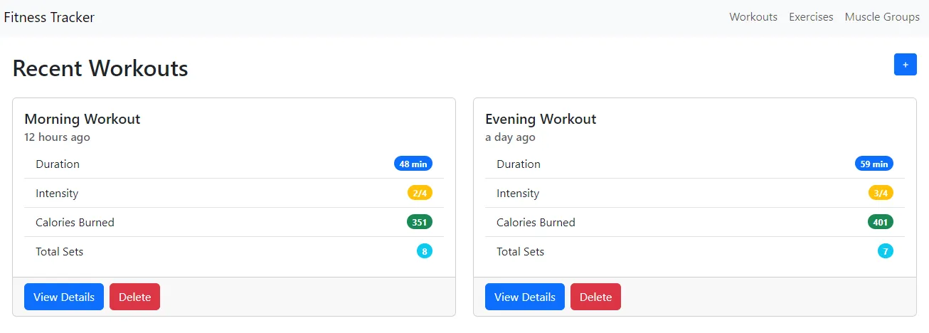 A screenshot of a web app showing a listof recent workouts, calories burned and duration