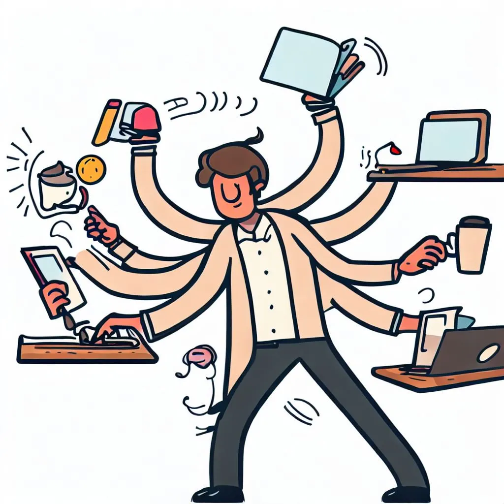 A cartoon image of a many armed person juggling lots of work tasks at the same time
