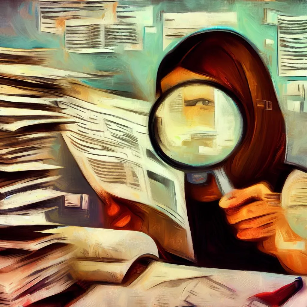 Generated image of a person with a magnifying glass looking at a sheaf of papers