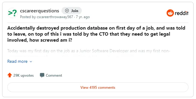 A screenshot of the reddit post by a junior developer