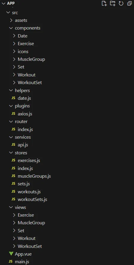 A screenshot of Cursor's file viewshowing the web application split into separate folders like components,helpers, services and stores